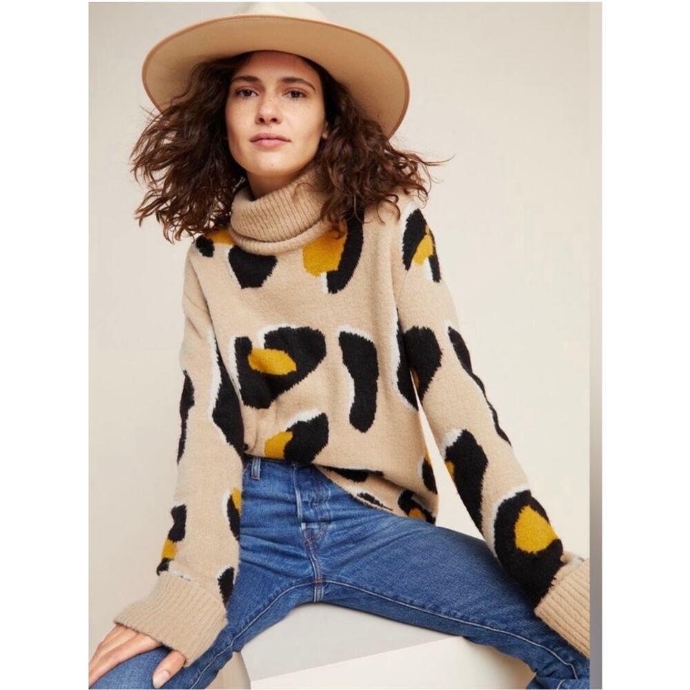 MOTH Large Leopard Print Turtleneck Sweater | Chu… - image 1